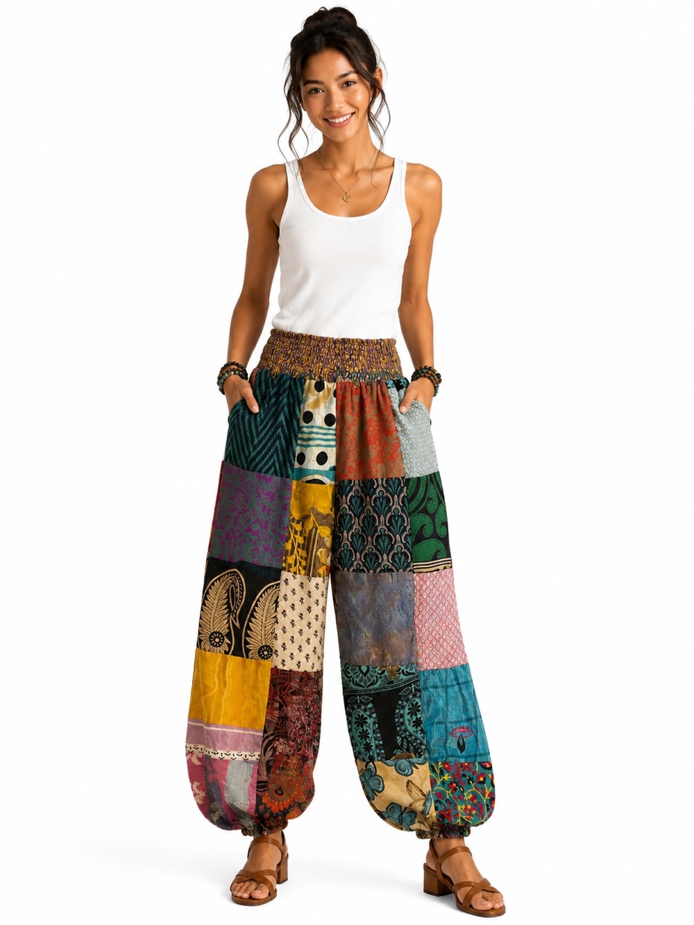 3L.New Patchwork Elastic Waist Harem Pants - Multi